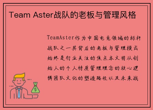 Team Aster战队的老板与管理风格