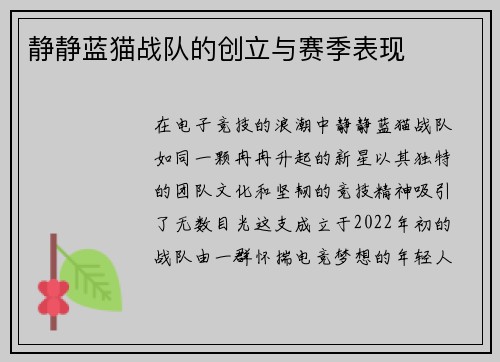 静静蓝猫战队的创立与赛季表现