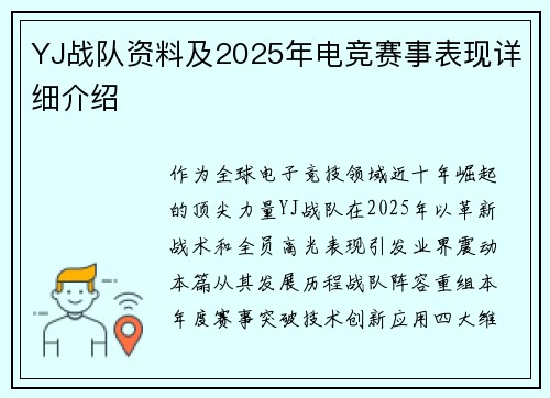 YJ战队资料及2025年电竞赛事表现详细介绍